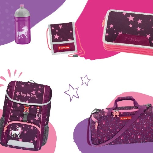 Einhorn-Rucksack, Trinkflasche mit Einhorn-Motiv, lila Sporttasche und Mäppchen