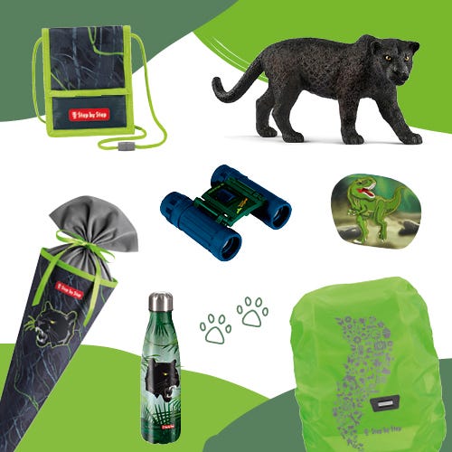 Collage mit verschiedenen Füllideen für eine Panther- oder Dschungel-Schultüte