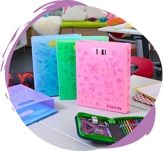 Farbige Schulmappen und Schnellhefter mit Feen-, Einhorn- und Fahrzeugmotiven auf einem Tisch im Klassenzimmer.