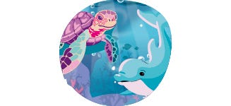 Meeresbewohner Süße Schildkröte mit rosa Panzer und blauer Delfin schwimmen gemeinsam am Boden des Ozeans