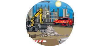 Fahrzeuge Gelber Bagger auf einer Baustelle und ein roter Sportwagen auf der Straße