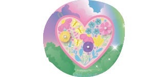 Herz Rosa Herz mit Blumenstickerei vor verträumter Landschaft mit einem Regenbogen