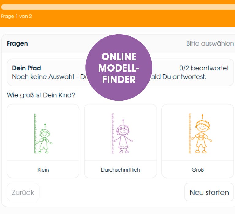 Online-Modellfinder f&uuml;r Schulranzen mit der Frage nach der K&ouml;rpergr&ouml;&szlig;e des Kindes und den Auswahloptionen Klein, Durchschnittlich oder Gro&szlig;.