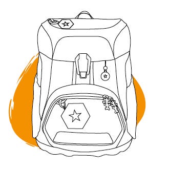 Skizze eines Schulranzens mit gro&szlig;er Fronttasche, Seitentaschen und Sternmotiv vor orangefarbener Farbfl&auml;che.