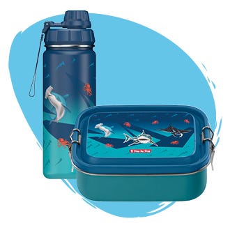 Pausenzubehör Blaue Trinkflasche mit Meerestiere und blaue Brotzeitbox mit Meerestiere