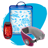 Weiteres Schulzubehör blaue, faltbare Heftbox, rote Klemmleuchte und lila Hüftburt EASY BELT