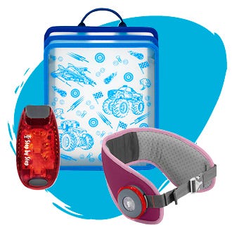 Weiteres Schulzubehör blaue, faltbare Heftbox, rote Klemmleuchte und lila Hüftburt EASY BELT