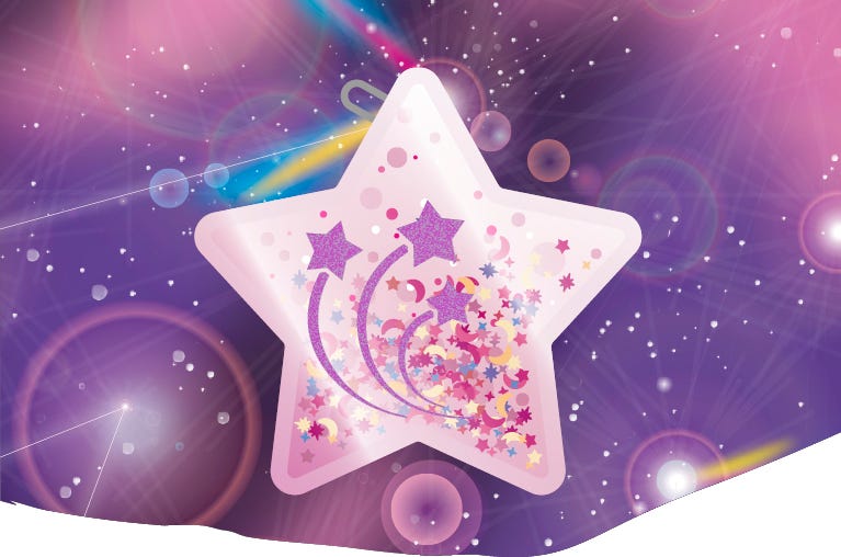 Wei&szlig;er Stern-Anh&auml;nger mit glitzernden Sternschnuppen und bunten Konfetti-Sternen vor violettem, funkelndem Hintergrund.