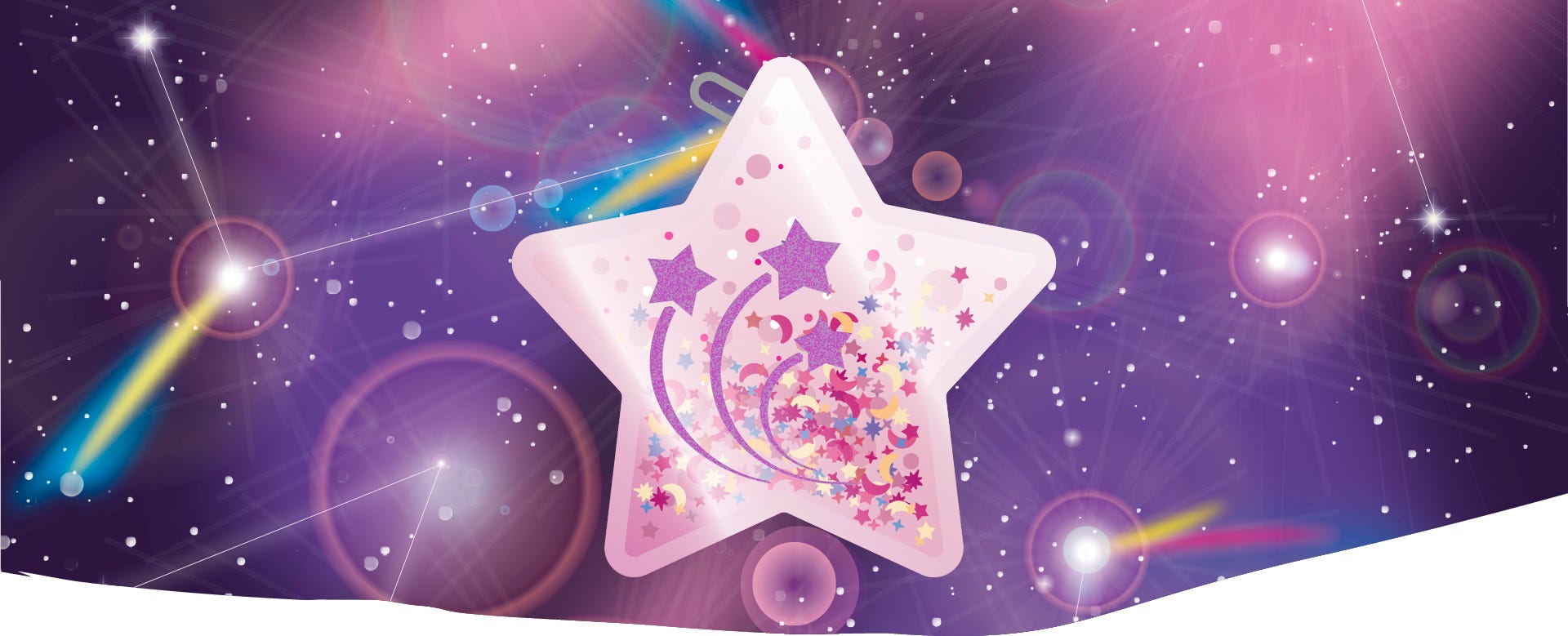 Wei&szlig;er Stern-Anh&auml;nger mit glitzernden Sternschnuppen und bunten Konfetti-Sternen vor violettem, funkelndem Hintergrund.