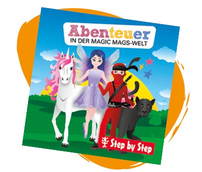 Cover von ‚Abenteuer in der Magic Mags-Welt‘ mit Einhorn, Fee, Ninja und schwarzem Panther vor einer Fantasielandschaft.